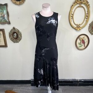 vintage Y2K DKNY Black Floral Velvet Burnout Asymmetrical Ruffle Dress Size 2